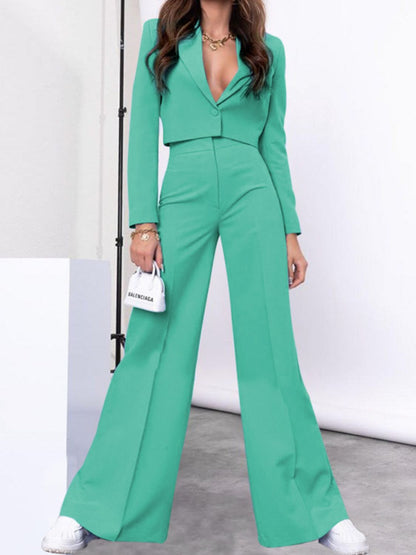 Lapel Collar Cropped Top and Wide Leg Pants Set