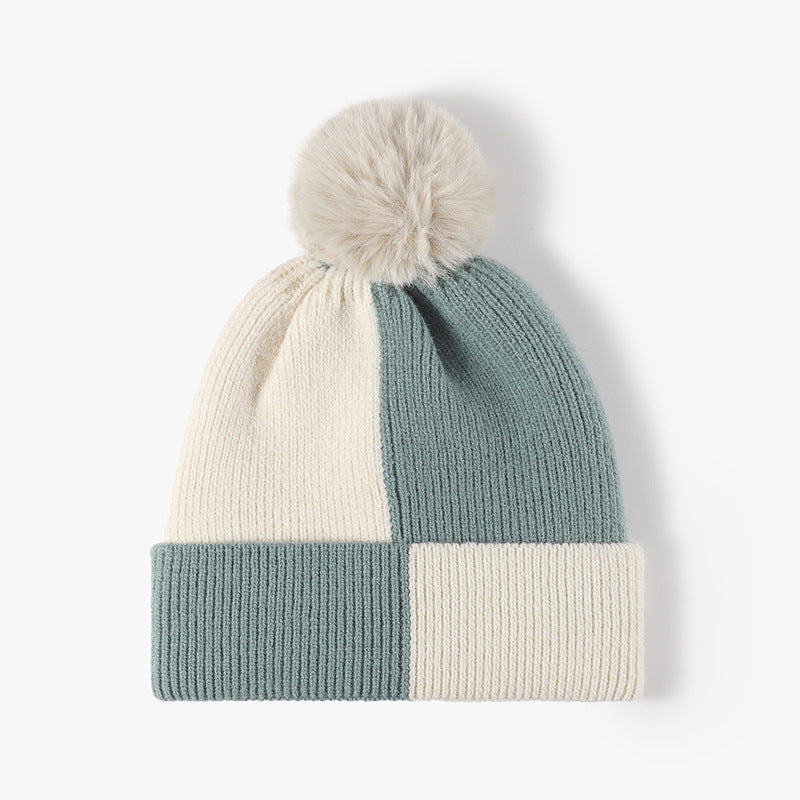 Color Block Knit Hat with Pom-pom