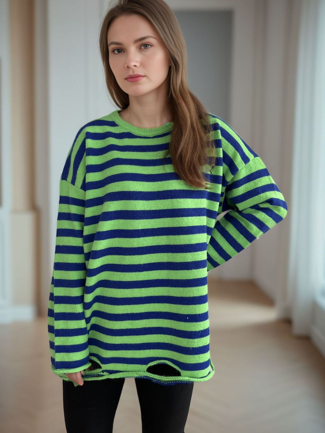 Distressed Striped Round Neck Long Sleeve Sweater