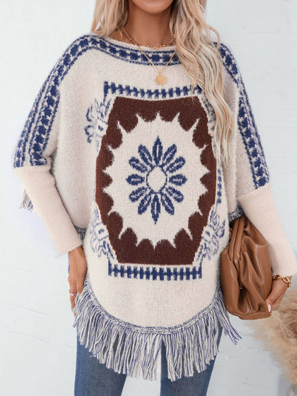 Fringe Geometric Long Sleeve Poncho