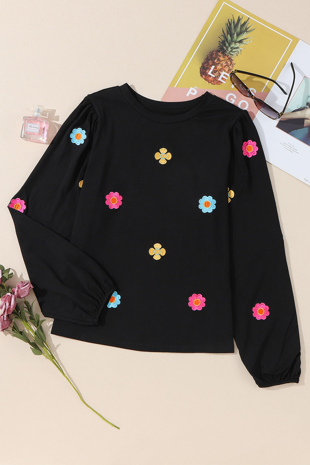 Flower Round Neck Long Sleeve Sweater