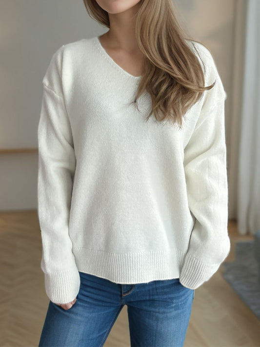 V-Neck Dropped Shoulder Long Sleeve Sweater