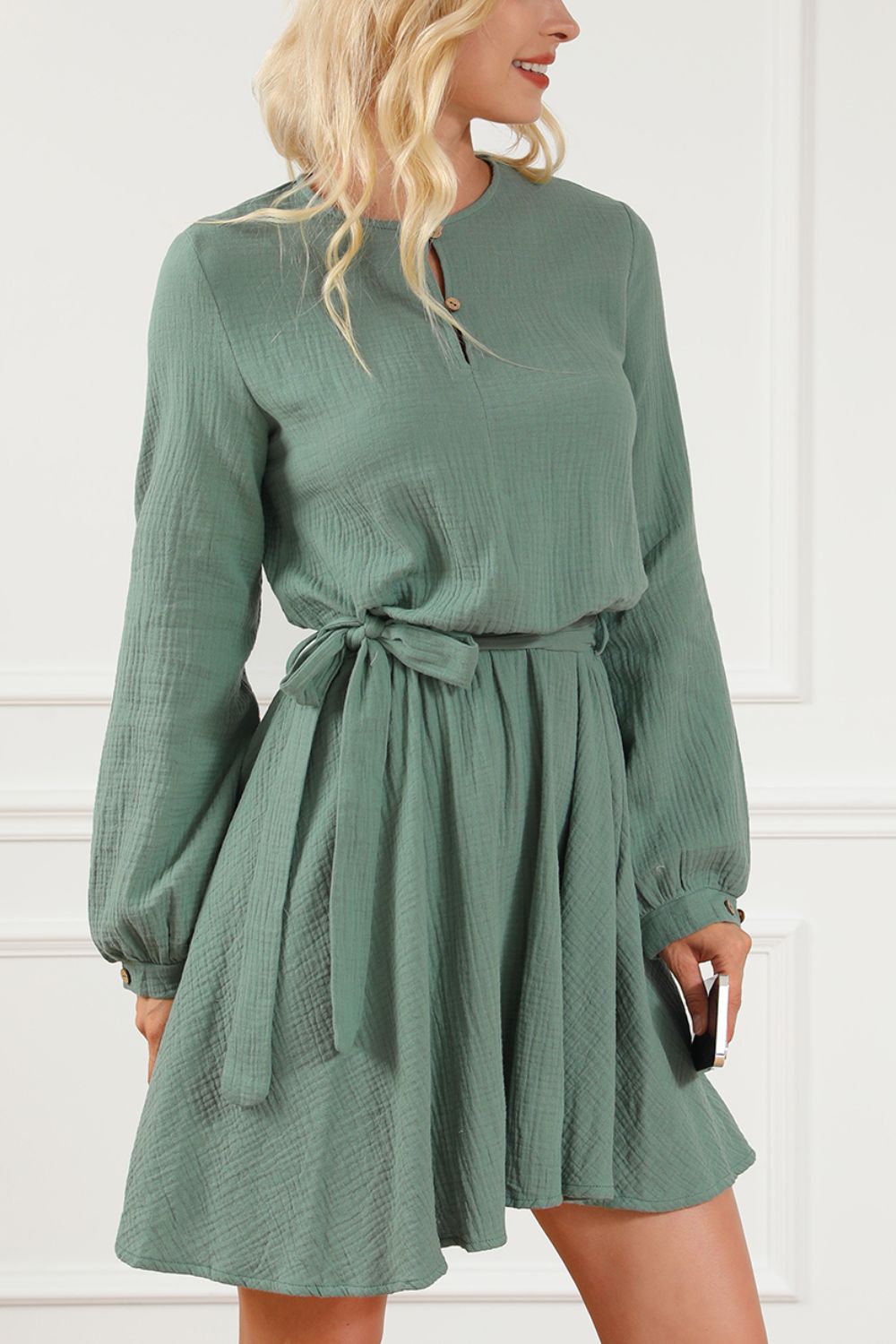 Round Neck Long Sleeve Tie Waist Dress