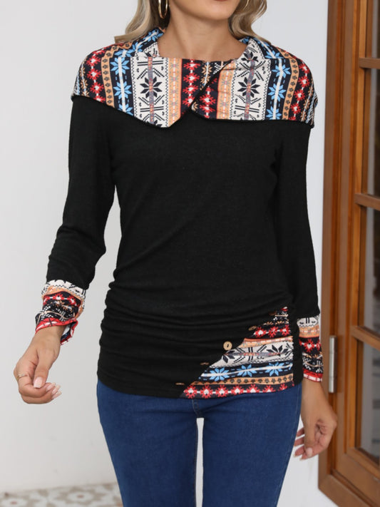 Printed Collared Neck Long Sleeve Blouse