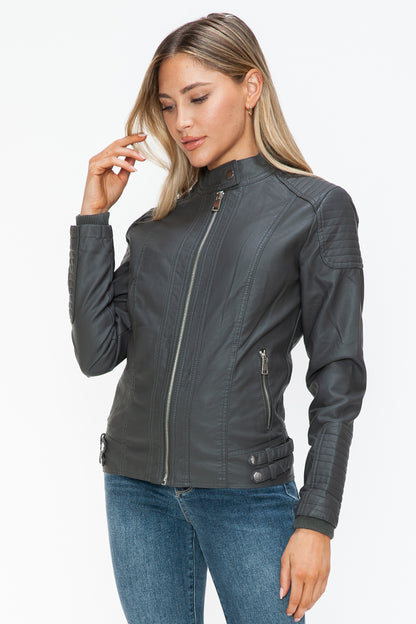 Snobbish Faux Leather Biker Jacket with Side Zip Pockets