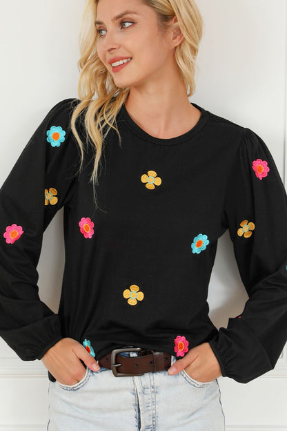 Flower Round Neck Long Sleeve Sweater