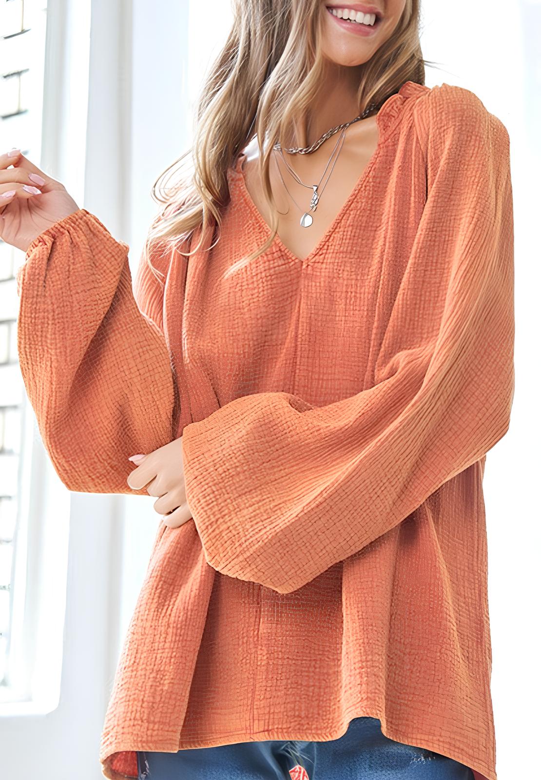 Frill V-Neck Balloon Sleeve Blouse