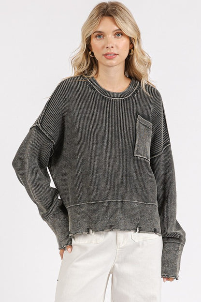 Mittoshop Distressed Hem Round Neck Dropped Shoulder Sweater