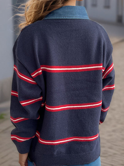 Contrast Stripes Round Neck Long Sleeve Sweater