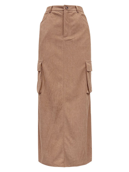 Slit Corduroy Maxi Skirt with Pockets