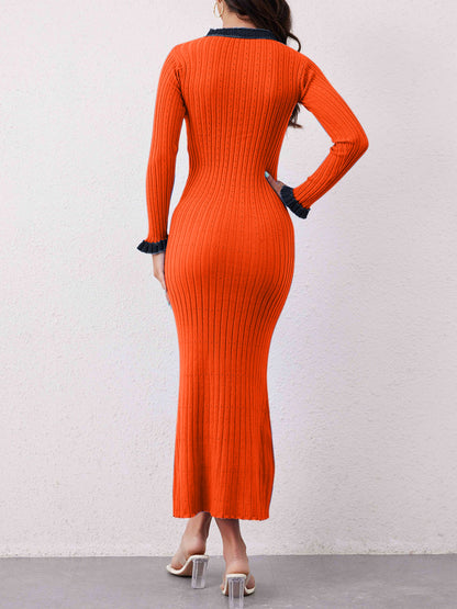 Contrast Trim Round Neck Long Sleeve Sweater Dress