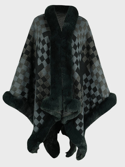 Fuzzy Checkered Long Sleeve Poncho