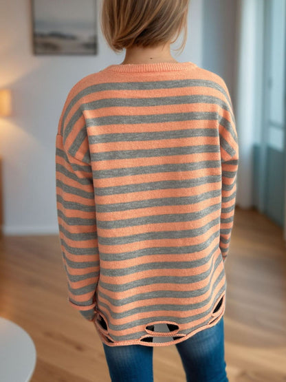 Distressed Striped Round Neck Long Sleeve Sweater