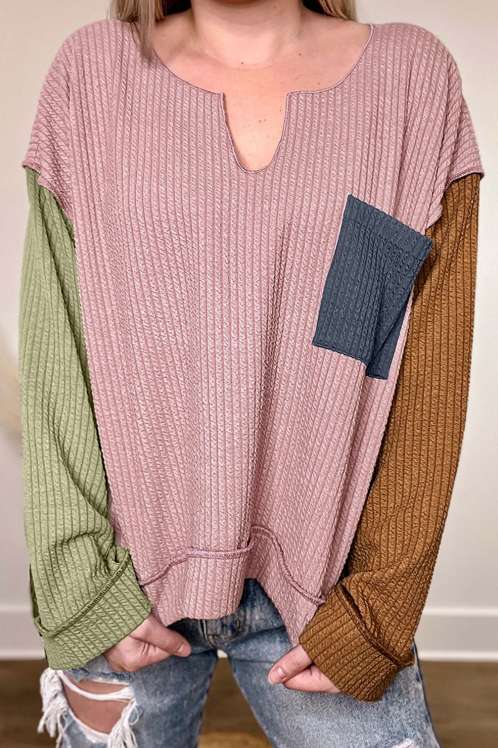 Color Block Textured Notched Long Sleeve Top