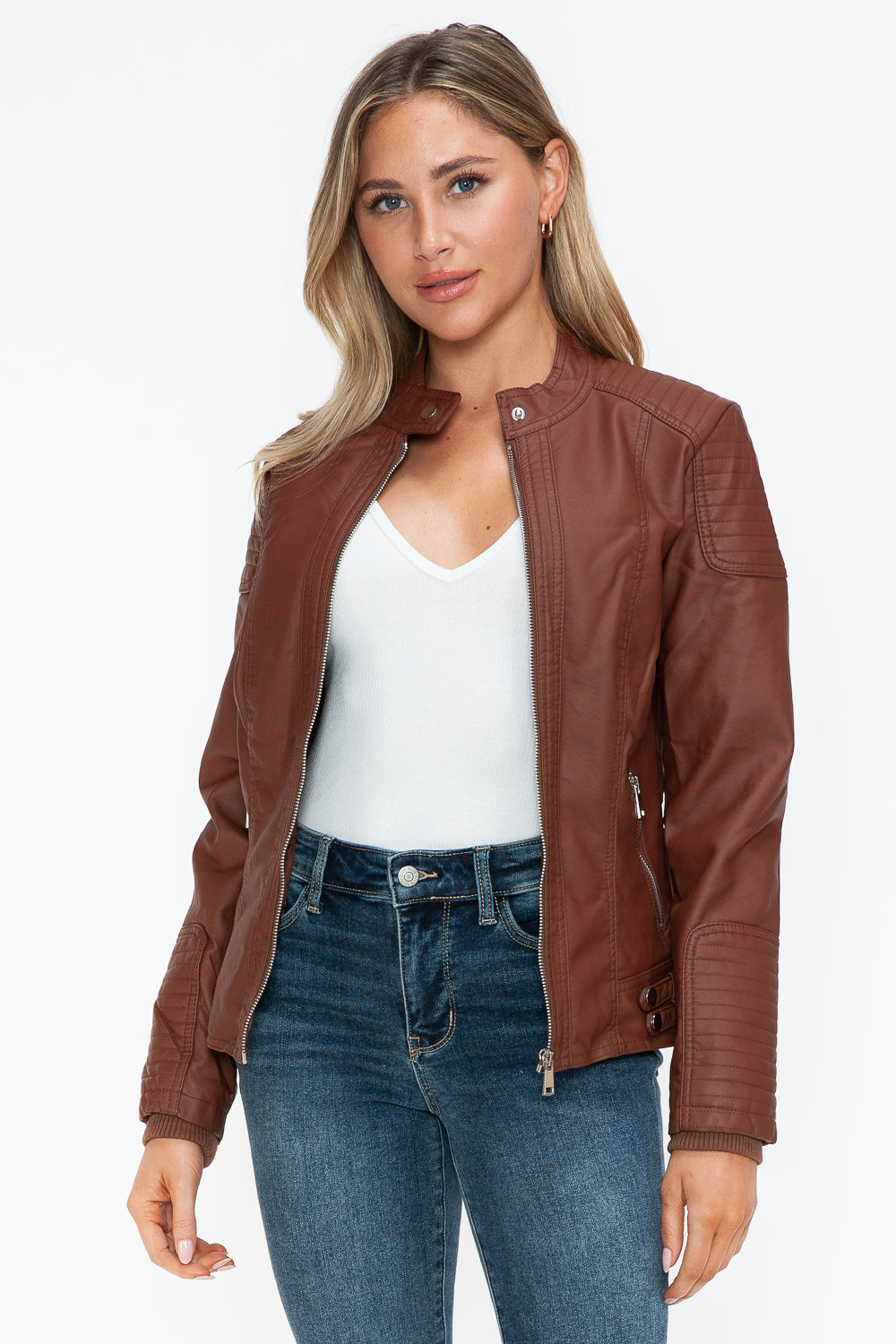 Snobbish Faux Leather Biker Jacket with Side Zip Pockets