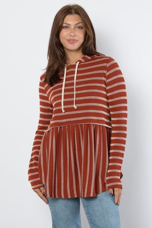 Be Stage Full Size Drawstring Striped Babydoll Hoodie