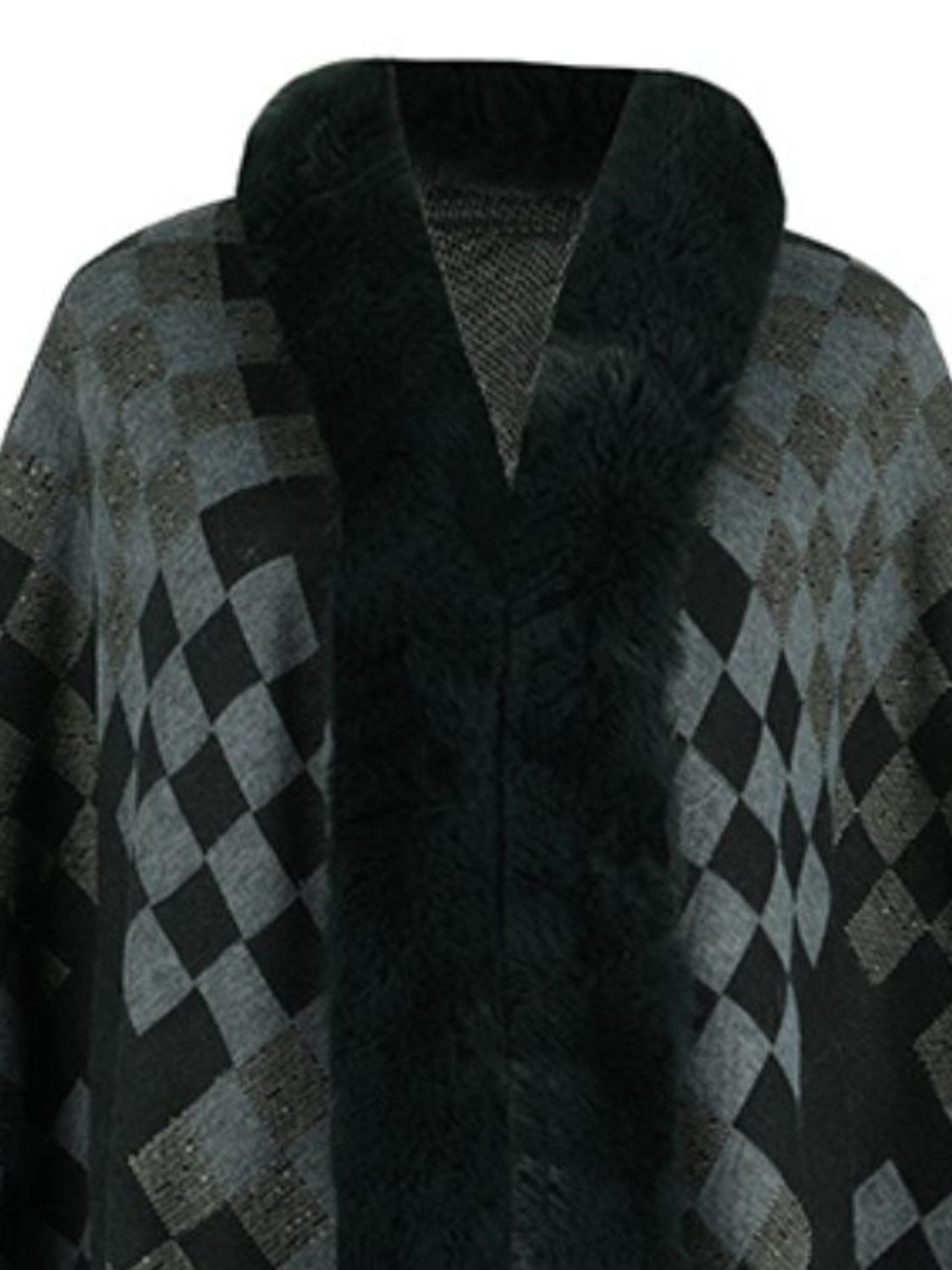 Fuzzy Checkered Long Sleeve Poncho